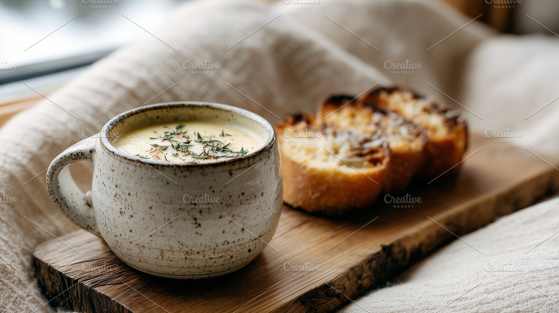 Ceramic mug of creamy soup topped, a Food & Drink Photo by MistyDay