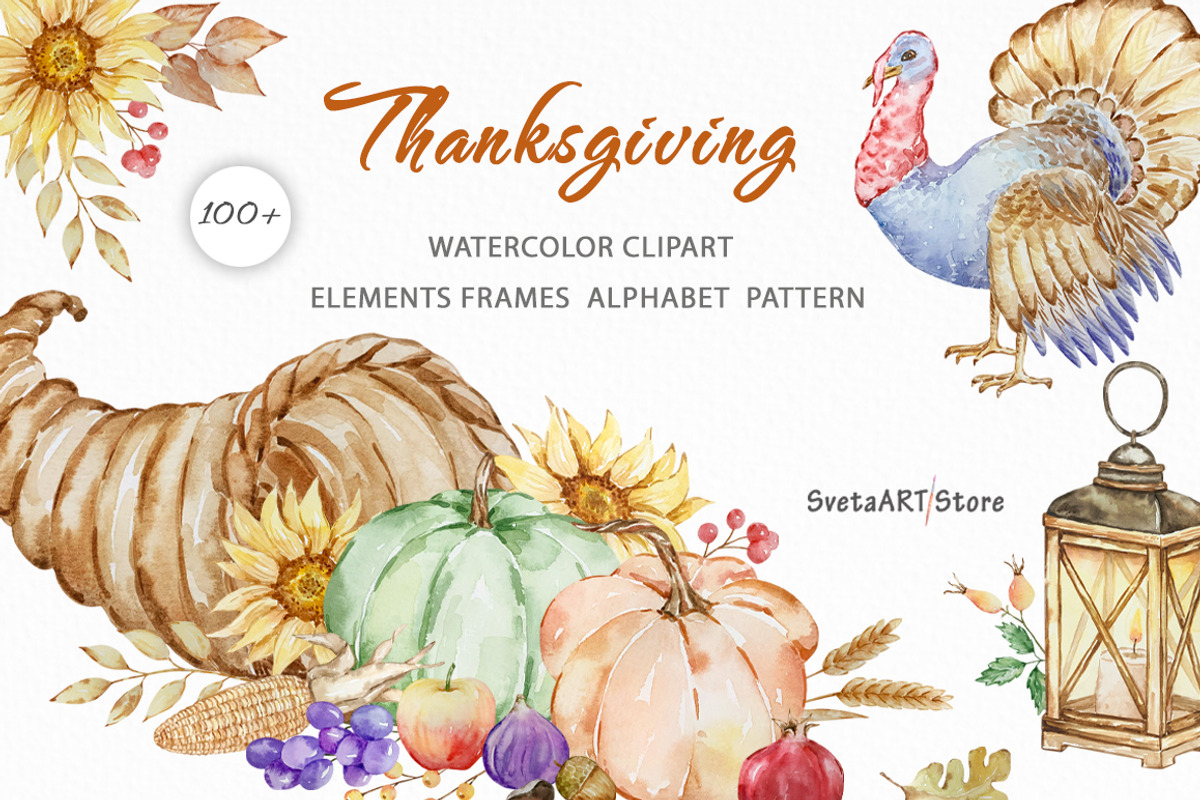 Watercolor Thanksgiving Clipart, a Seasonal Illustration by SvetaArtStore (Photo 1 of 15)