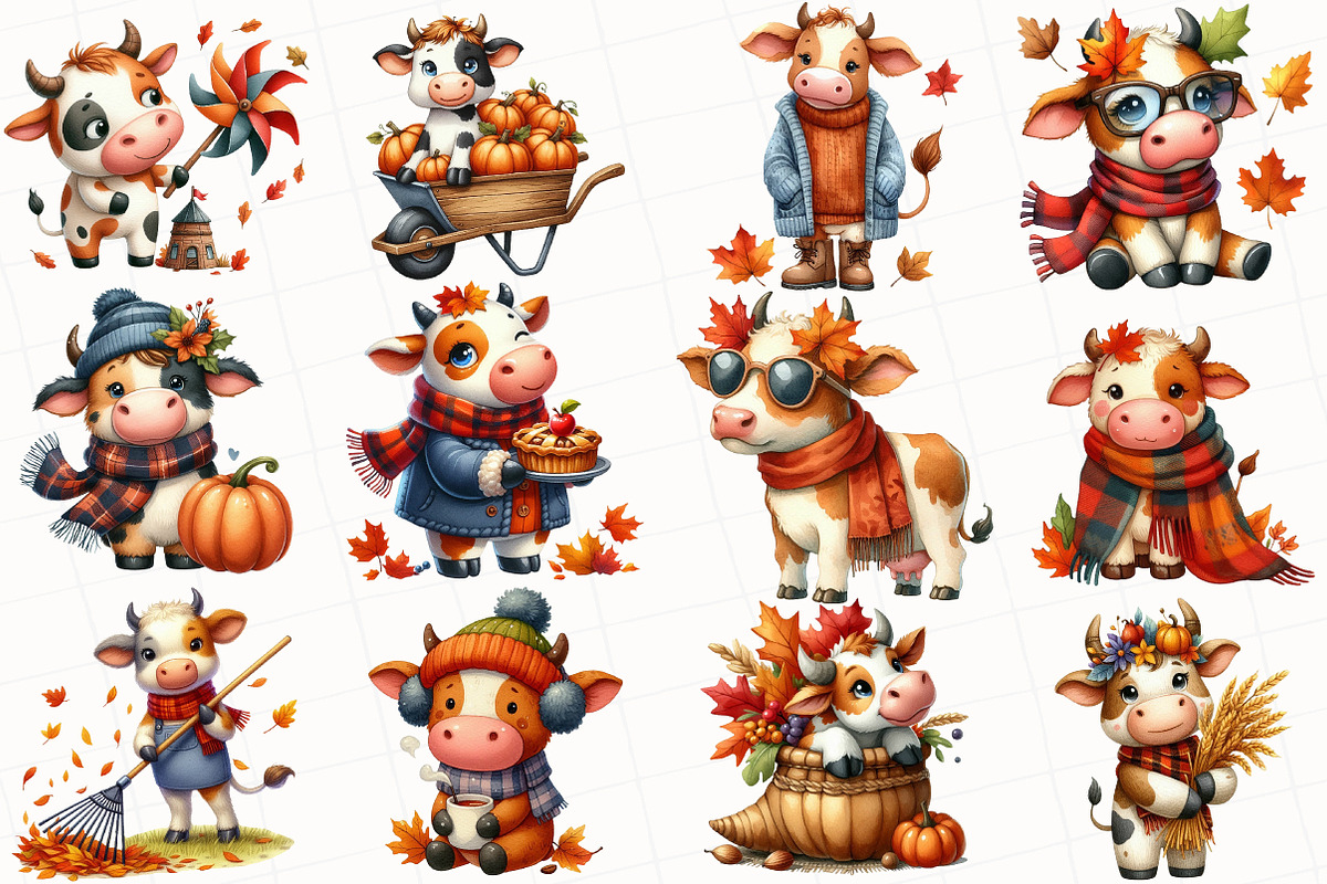 Watercolor Autumn Cow Clipart, an Illustration by OK Design (Photo 4 of 5)