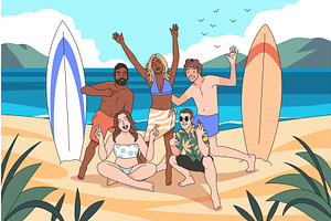 People posing beach. Happy friends, a Person Illustration by YummyBuum