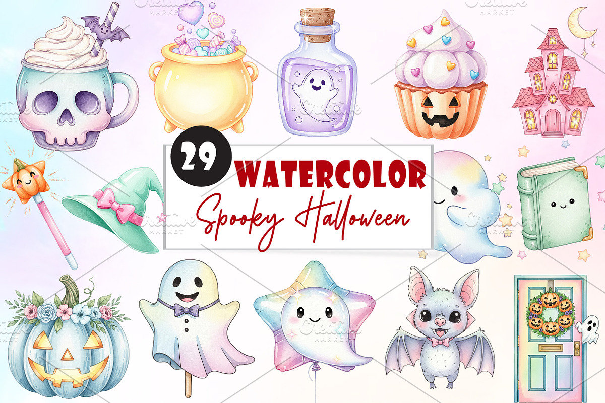 Cute Pastel Spooky Halloween Clipart, an Illustration by Watercolor design (Photo 1 of 6)