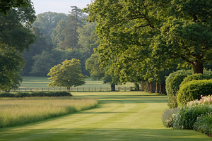 Green park landscape opening to a distant forest on a serene morning, featuring, a Photo by Studio ANNA