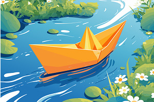 Cartoon paper boat floating on a, a Transportation Illustration by LadadikArt