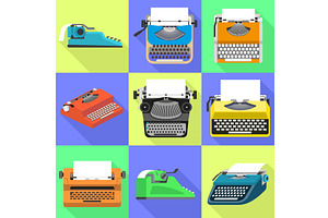 Typewriter icons set, flat style, an Illustration by Ylivdesign