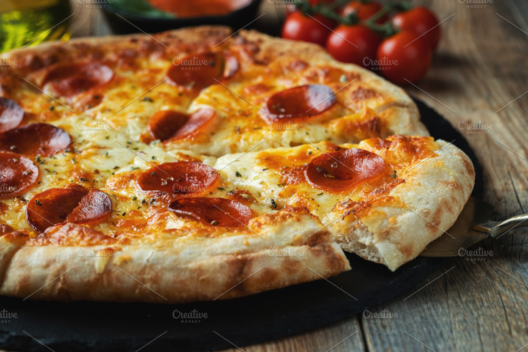 A slice of hot Italian pizza with stretching cheese. Pizza pepperoni on a dark, a Food & Drink Photo by Budarinphoto