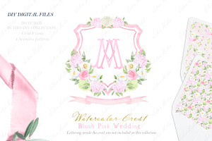 Pink Hydrangea Watercolor Crest, a Decorative Illustration by LABFcreations