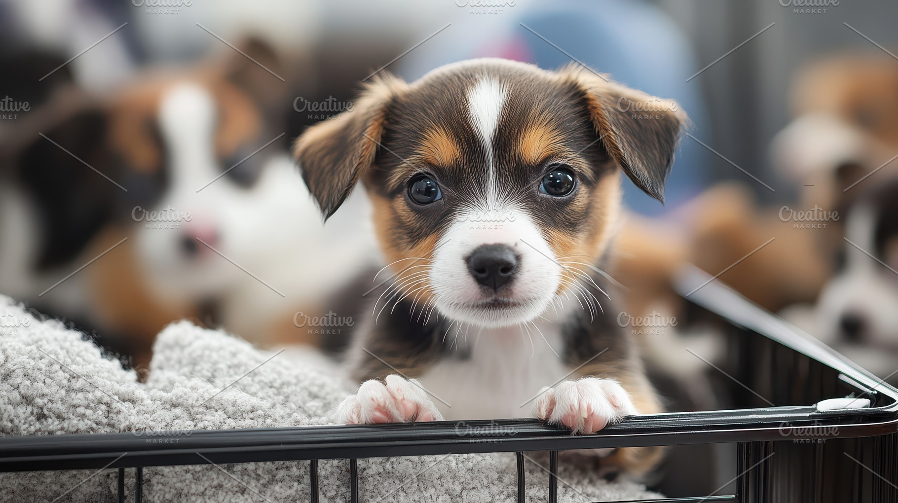Adorable puppy peering out from a cr, an Animal Photo by Pixeness Studio