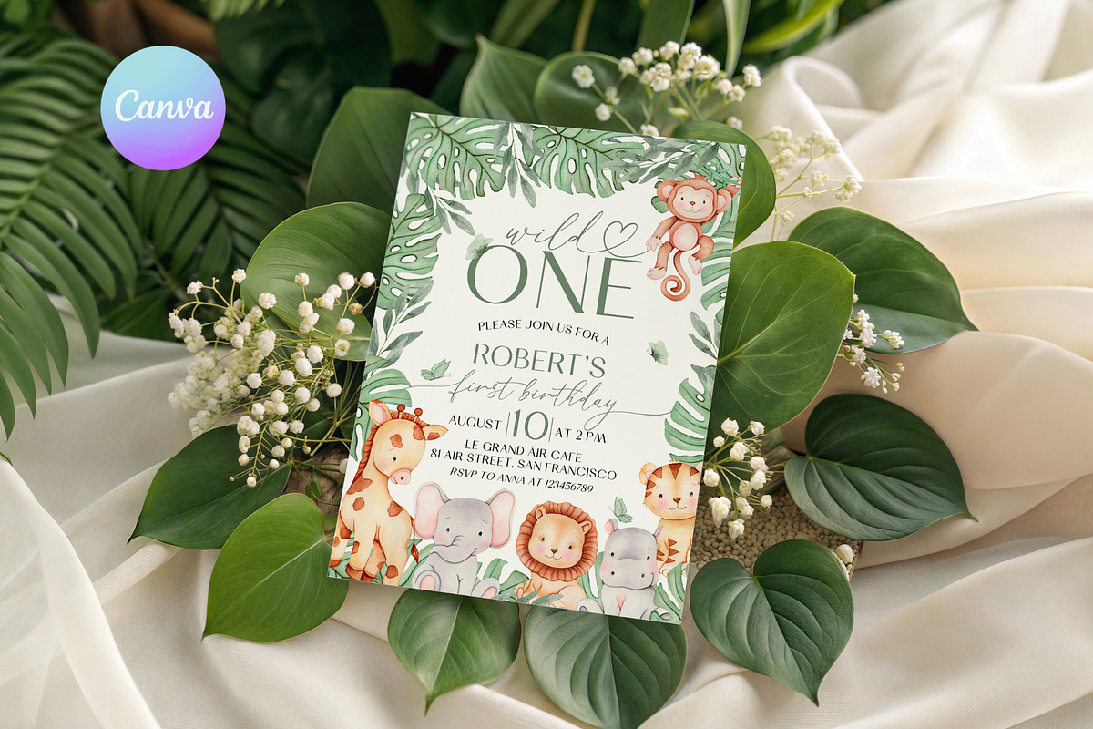 Safari Animal 1st Birthday Invite, a Templates & Theme by VeliusCreativeStudio (Photo 1 of 3)