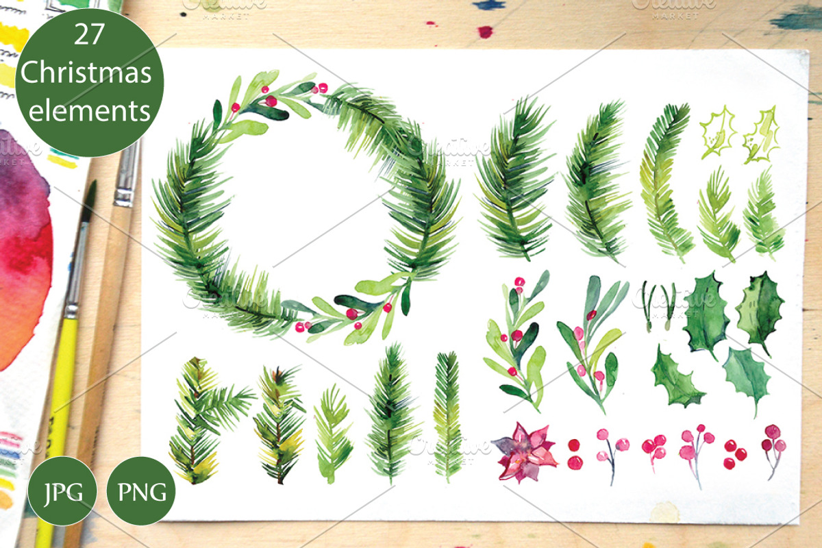 Watercolor Christmas set, wreath, a Decorative Illustration by Olesya Morokhovets (Photo 1 of 4)