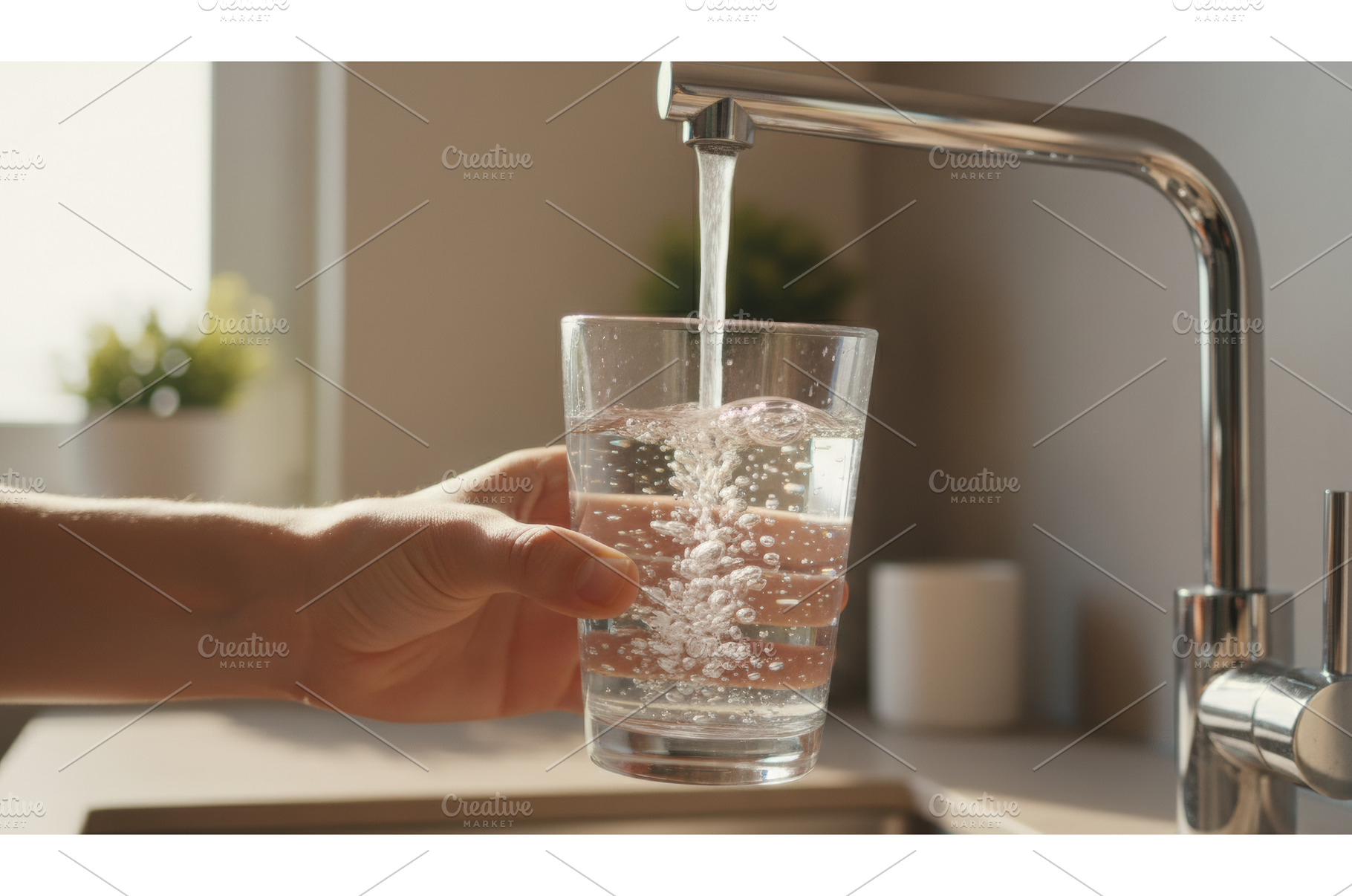 A hand fills a glass with clear, a Food & Drink Photo by Igor Tichonow