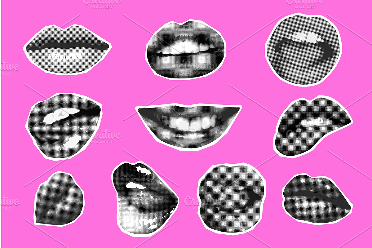 Mouths halftone collage. Woman mouth, an Illustration by Stock-Smart-Start