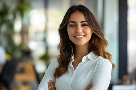 Happy young Hispanic businesswoman, a Photo by Pavel_design