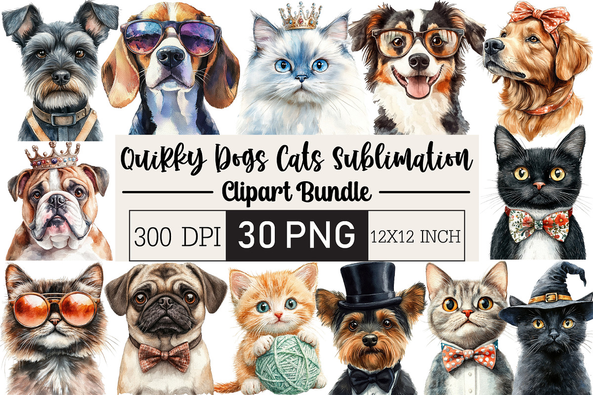 Quirky Dogs Cats Sublimation Clipart, an Illustration by Black Bird Studio (Photo 1 of 6)