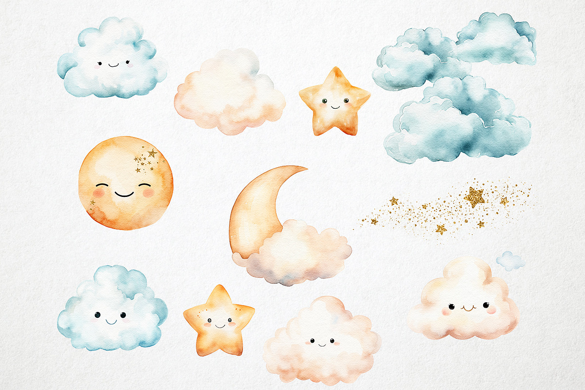 Watercolor moon stars & clouds, PNG, an Object Illustration by PixelJungle (Photo 3 of 4)