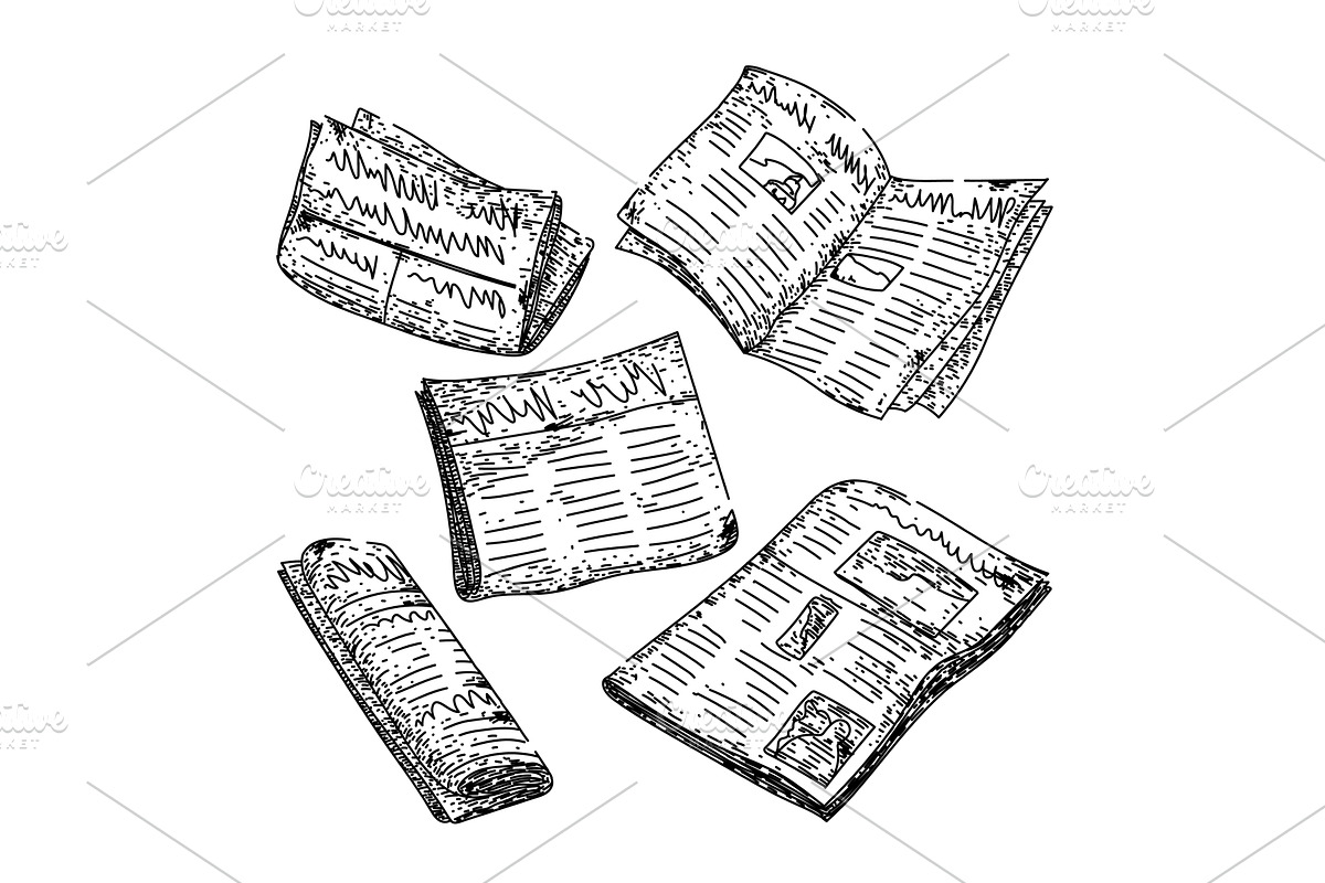 old newspaper set sketch hand drawn, an Object Illustration by pikepicture