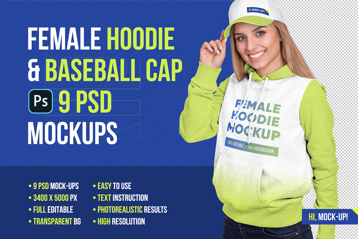 Female Hoodie & Baseball Cap Mockup, a Hoody Mockup by Hi, Mock-Up! (Photo 1 of 9)