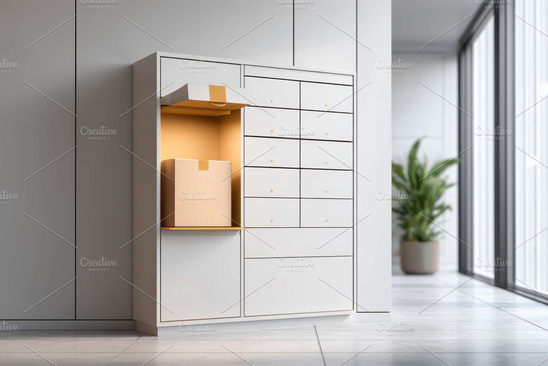 Modern white storage cabinet with illuminated section, an Industrial Photo by AlyaAnd