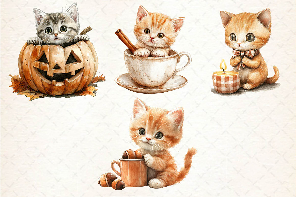 Watercolor Autumn Kitten Clipart, an Illustration by Dream Creation (Photo 6 of 6)