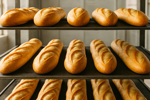 Freshly baked baguettes on trays in, a Photo by Dvoevnore photos