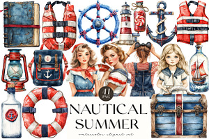 Watercolor Vintage Nautical Clipart, an Illustration by OK Design