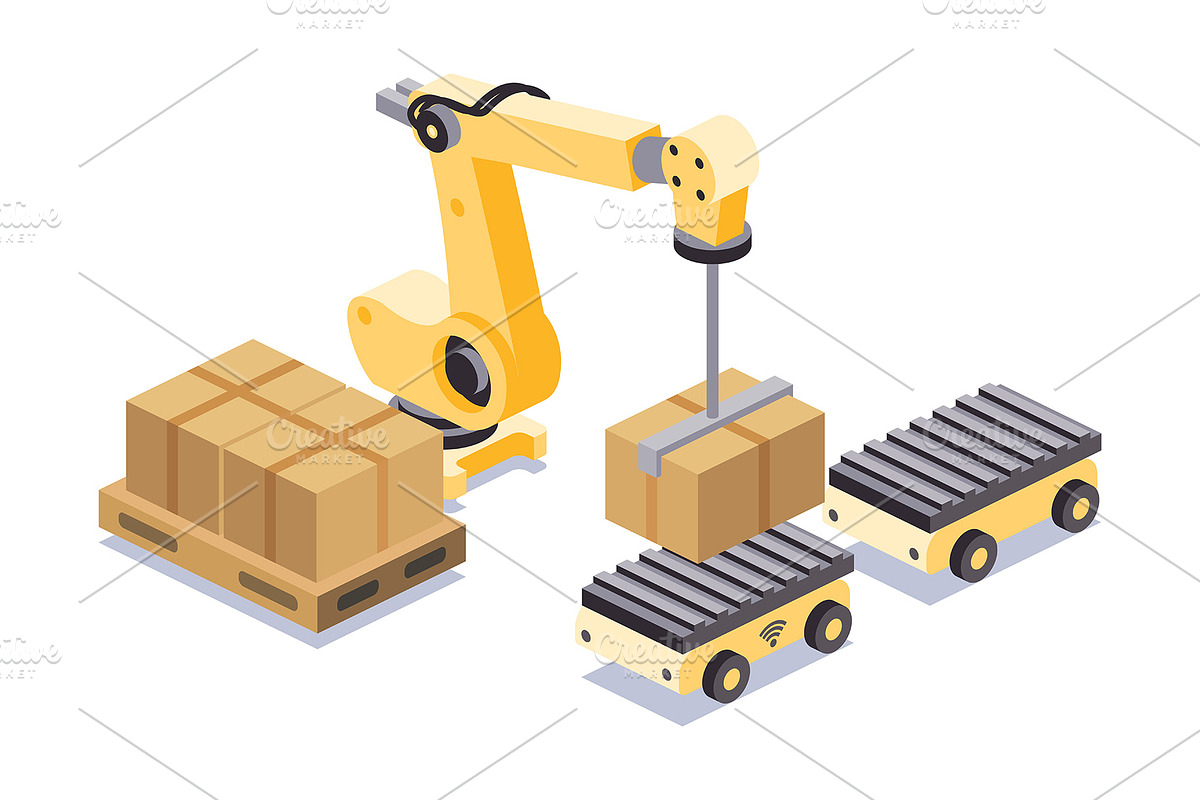 Isometric robotic arm loading, a Transportation Illustration by Booblgum