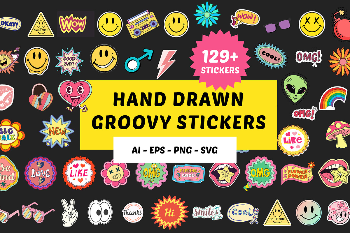 Hand-Drawn Groovy Stickers, a Decorative Illustration by Helospace (Photo 1 of 10)