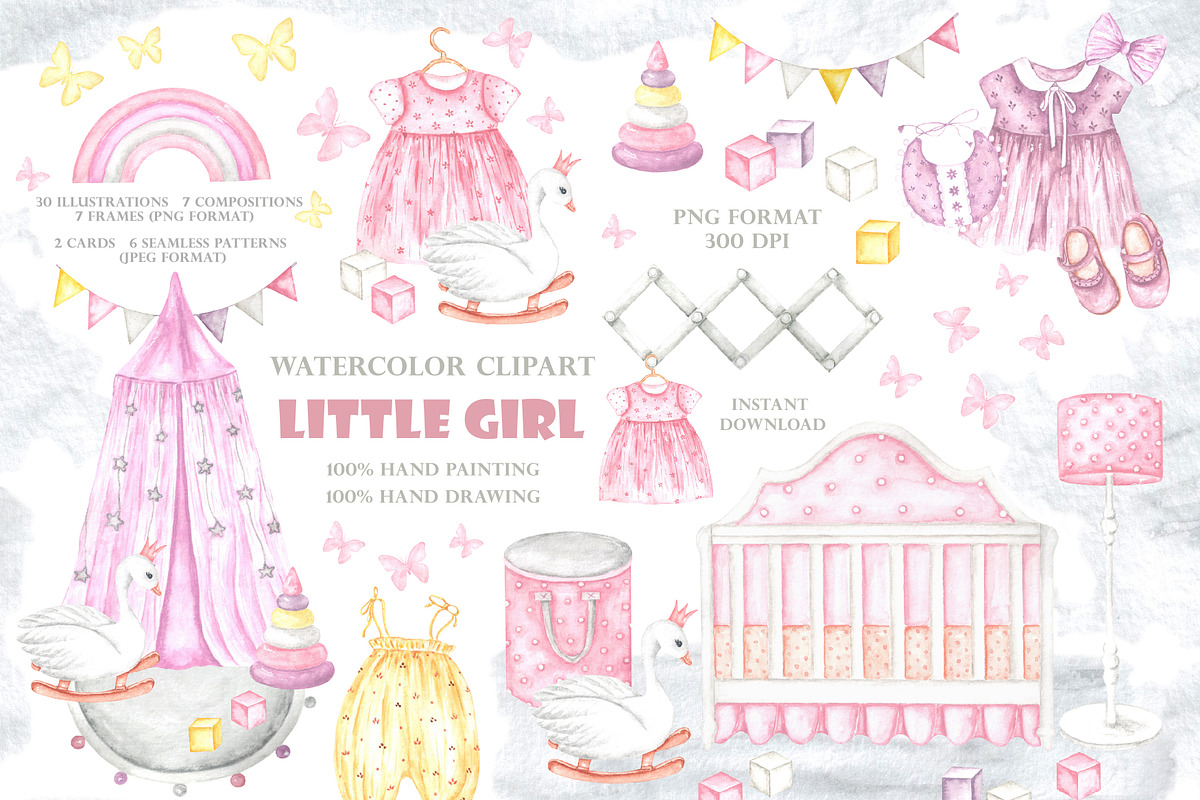 Little girl watercolor set. Nursery, a Person Illustration by SabinaWatercolorArt (Photo 1 of 15)