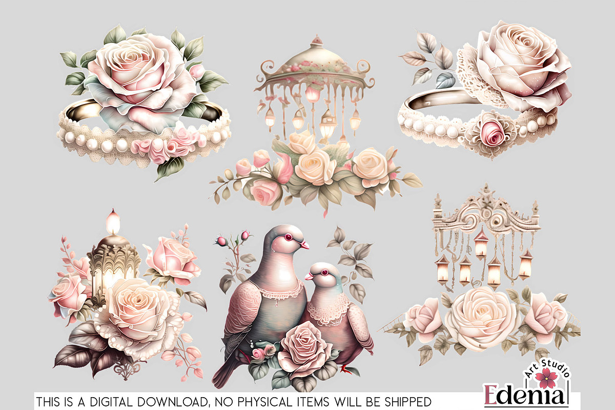 Vintage Romantic Wedding Cliparts, a Seasonal Illustration by EdeniaArtStudio (Photo 5 of 8)