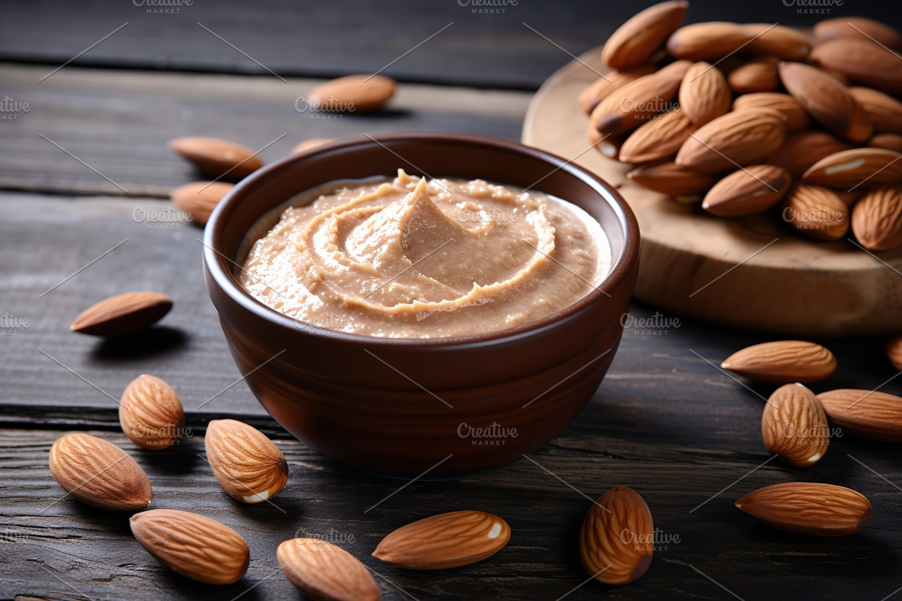 Bowl of almond butter on wooden background, a Food & Drink Photo by AlyaAnd