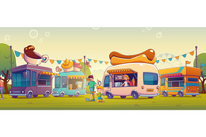 Cartoon food truck scene with kids, a Food Illustration by art PVP - market