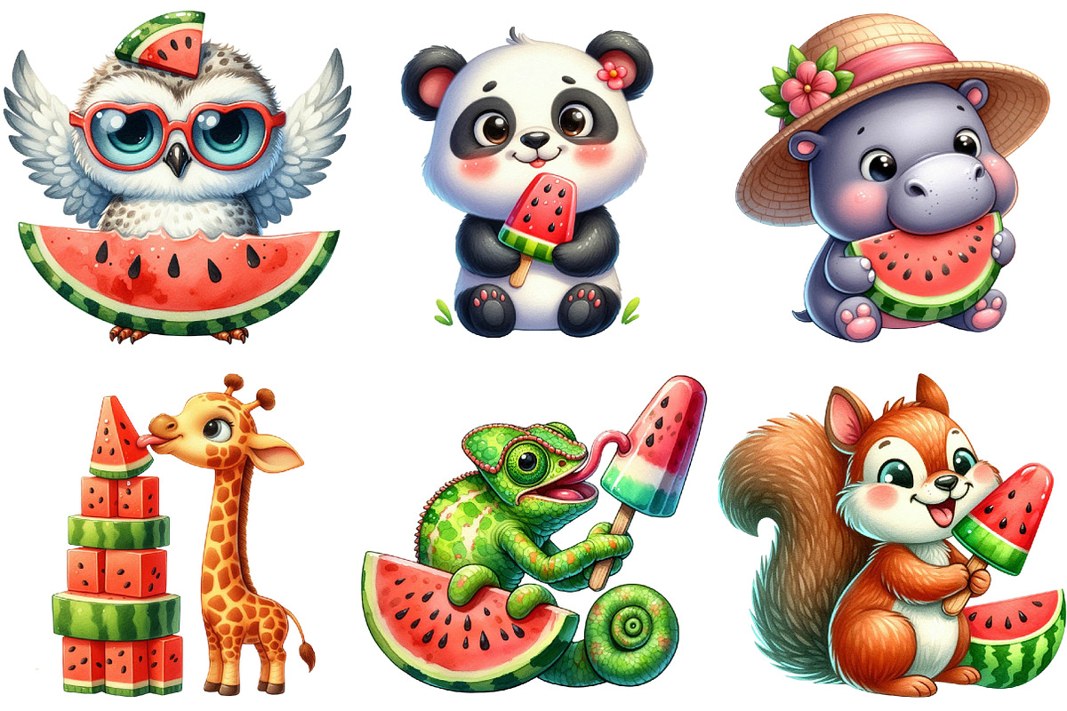 Summer Animals Enjoy Watermelon png, an Illustration by Watercolor design (Photo 4 of 4)