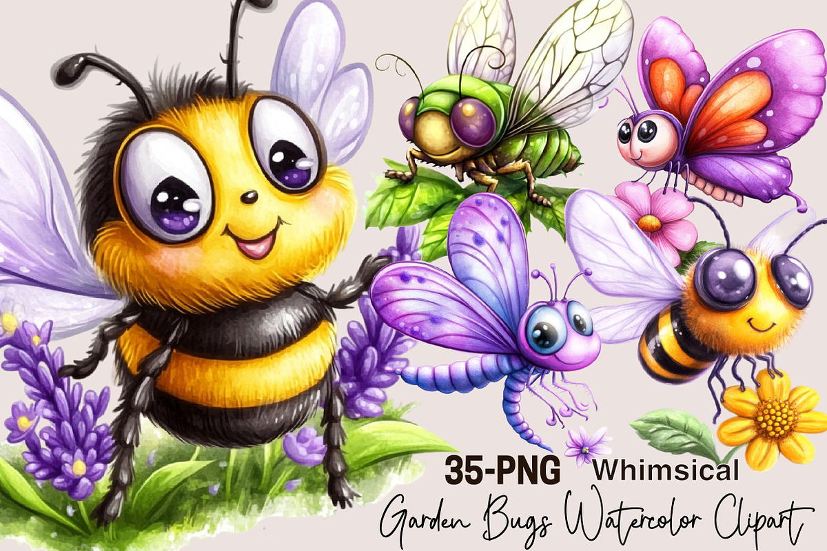 Garden Bugs Watercolor Clipart, a Seasonal Illustration by SVGArt (Photo 1 of 5)