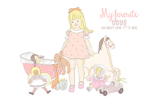Baby girl with vintage toys clipart