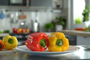 Ripe colorful peppers in plate on blurred kitchen background, a Food & Drink Photo by AlyaAnd