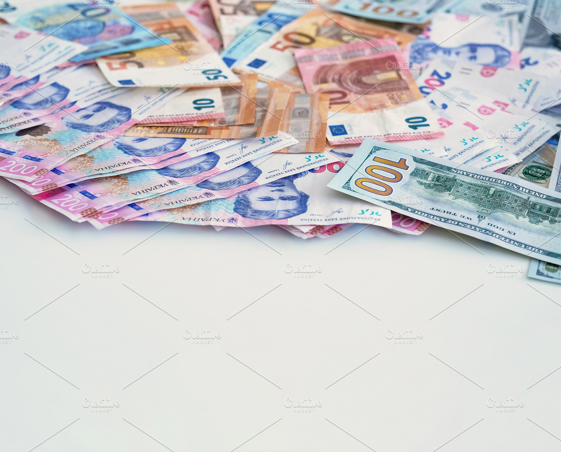 Money pile world economy euro dollar hryvnia cash, a Business Photo by Photo Drive Studio
