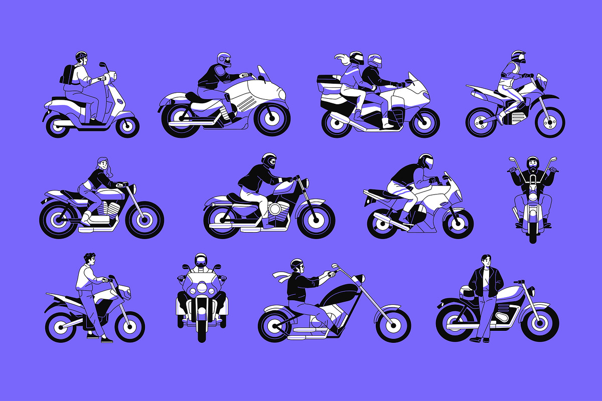 Bikers on motorcycles set, pattern, a Transportation Illustration by PaperTrident (Photo 1 of 8)