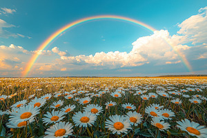 Rainbow arching over a vast daisy field under a bright blue sky, a Food & Drink Photo by José Manuel Gelpi