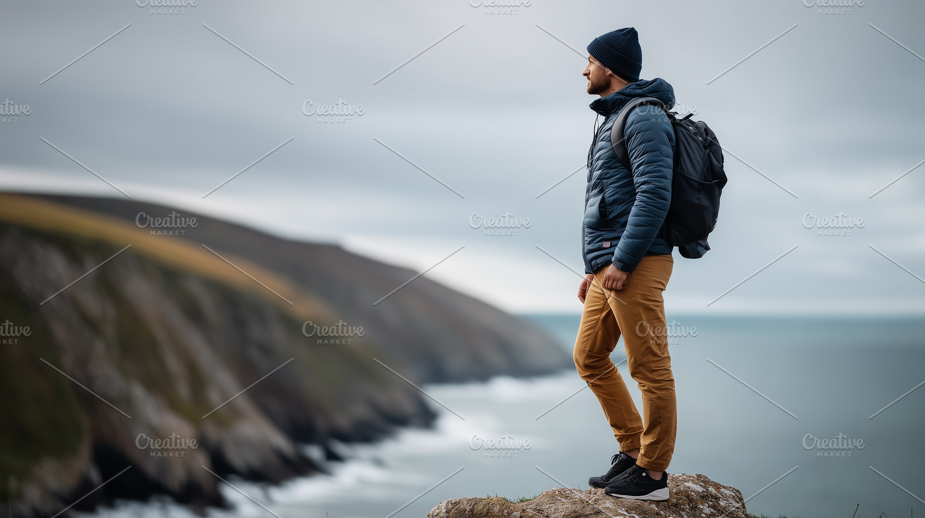 Man with backpack standing on cliff, a Sports & Recreation Photo by MistyDay