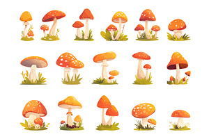 Set of various cartoon mushrooms in, a Food Illustration by LadadikArt