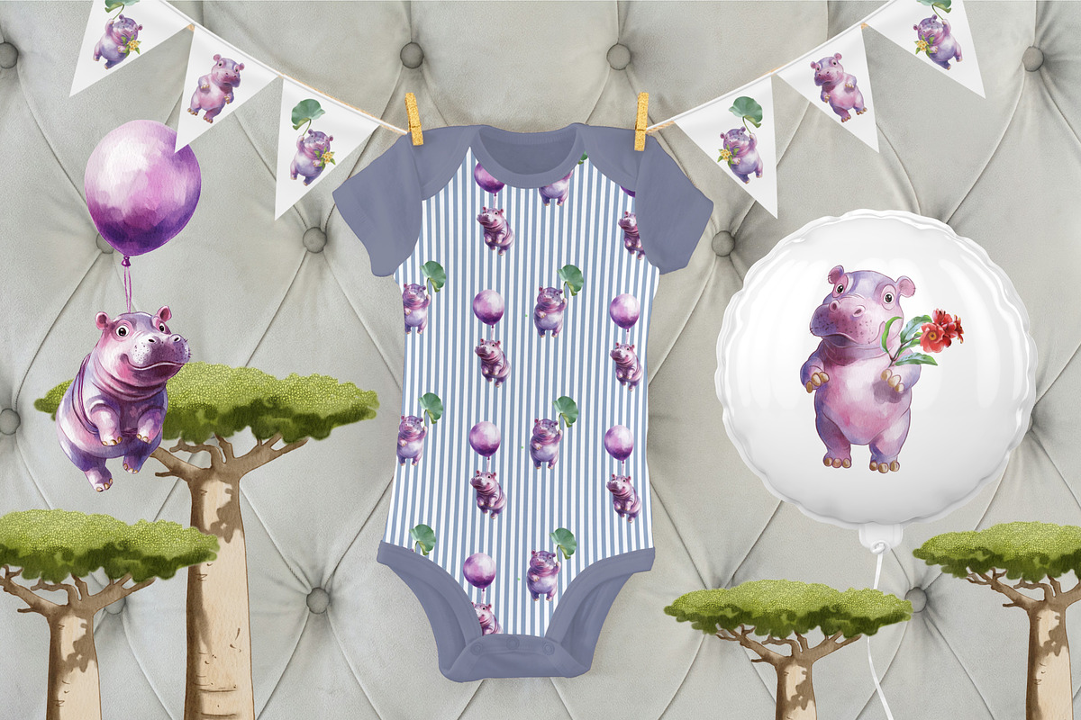 Birthday Hippo – Watercolor Clipart, an Illustration by IrynaPanashii (Photo 7 of 9)
