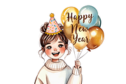 Whimsical Girl Happy NewYear clipart, a Seasonal Illustration by Creative design (Thumbnail 2 of 7)