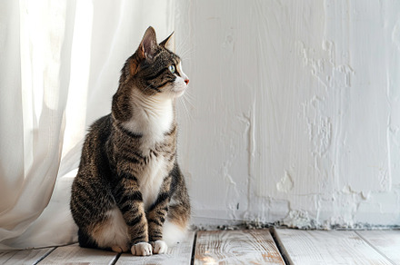 Cute cat sitting on floor near blank wall, an Animal Photo by AlyaAnd