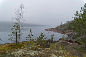 Fog in the ladoga skerries containing fog, haze, and mist