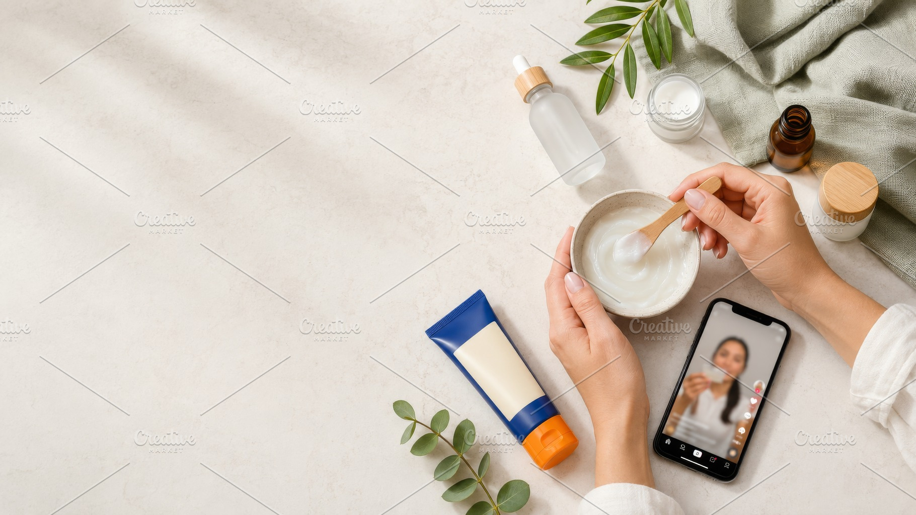 Skincare routine setup with sunscree, a Photo by Dvoevnore photos