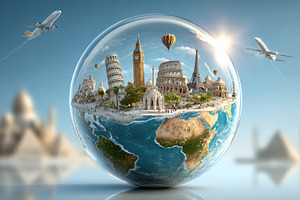 World travel landmarks in a glass gl, a Photo by Pixeness Studio