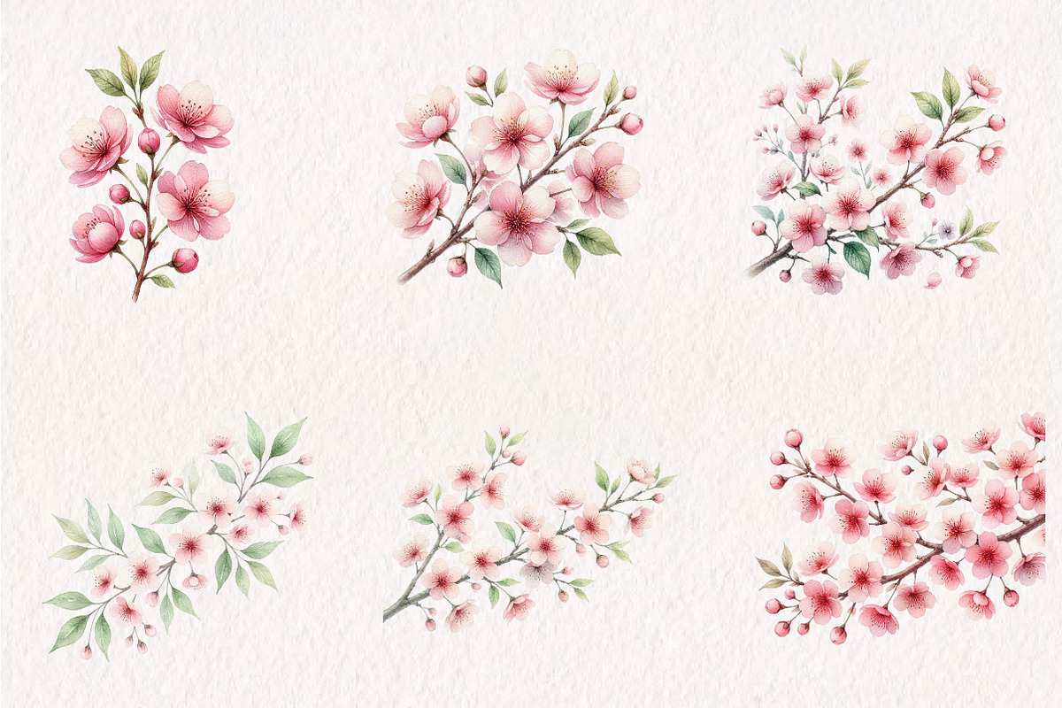 Watercolor Cherry Blossoms Clipart, a Seasonal Illustration by CreationArt (Photo 2 of 7)