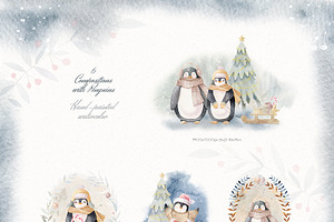 Winter Penguins - Watercolor Clipart