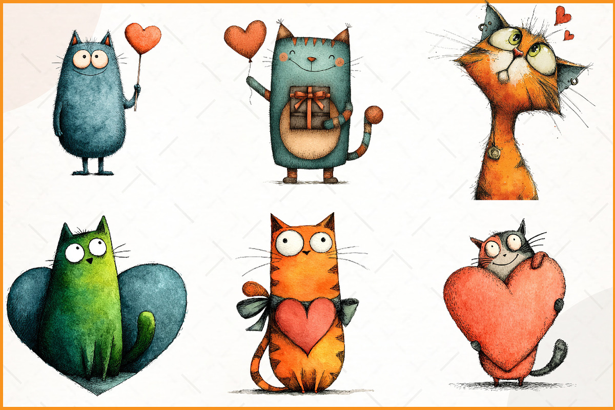 Quirky Valentine Cats Clipart, an Illustration by Watercolor design (Photo 3 of 9)
