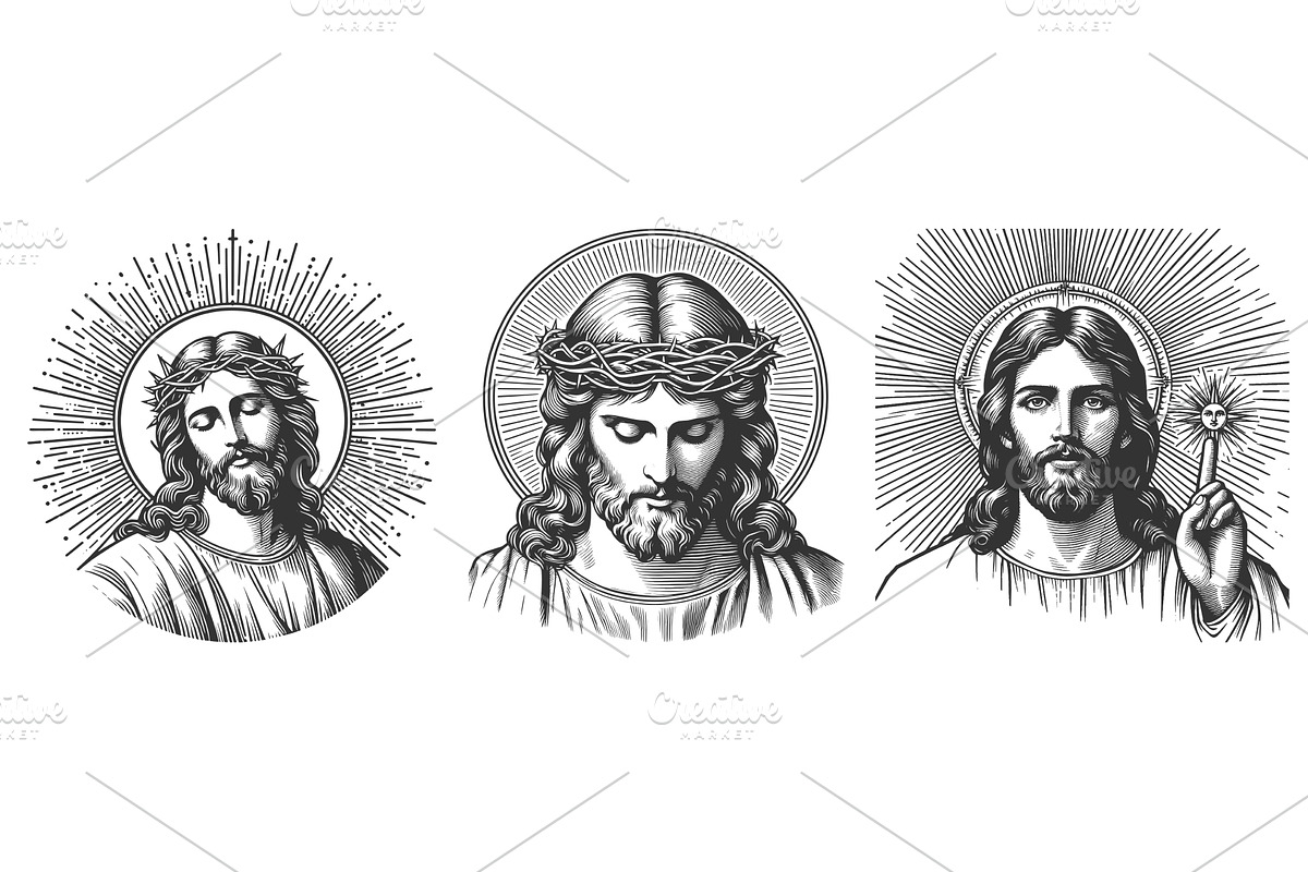 Jesus Christ engraving set vector, an Illustration by AlexArt