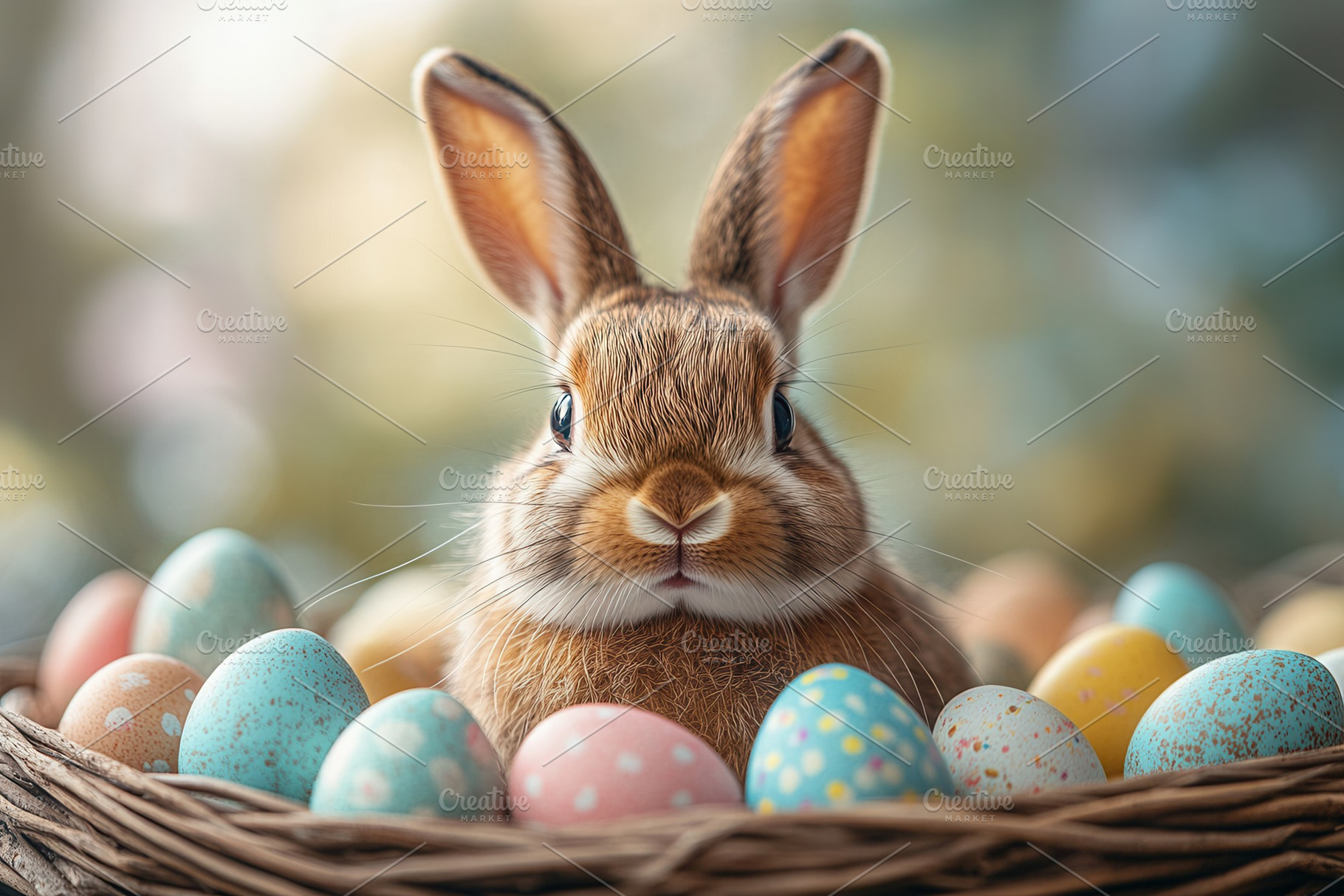 Cute bunny surrounded by colorful Ea, a Photo by Tanuart